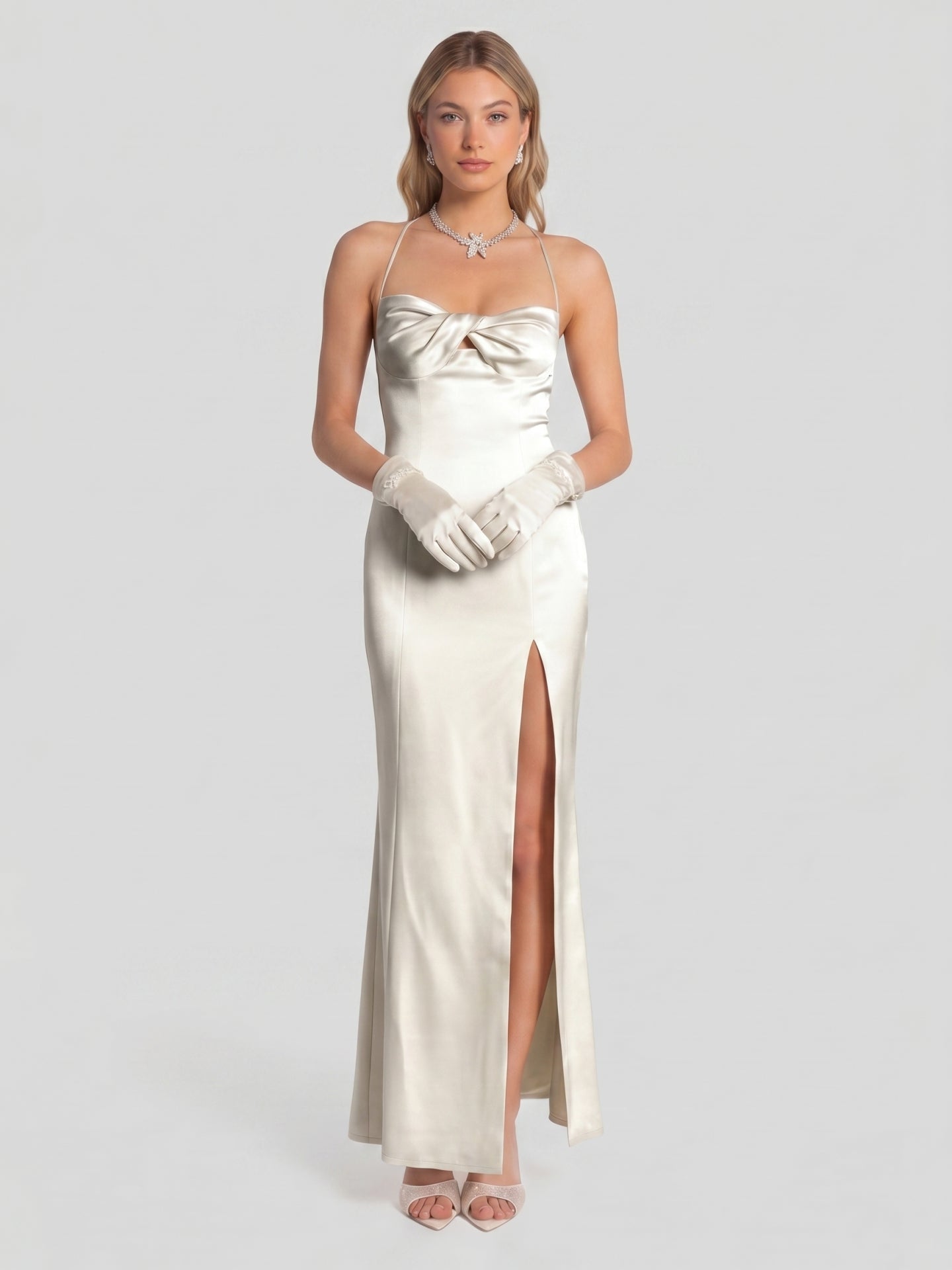Elegant Ivory Satin column Halter Neck Ankle-Length Bridesmaid Dress