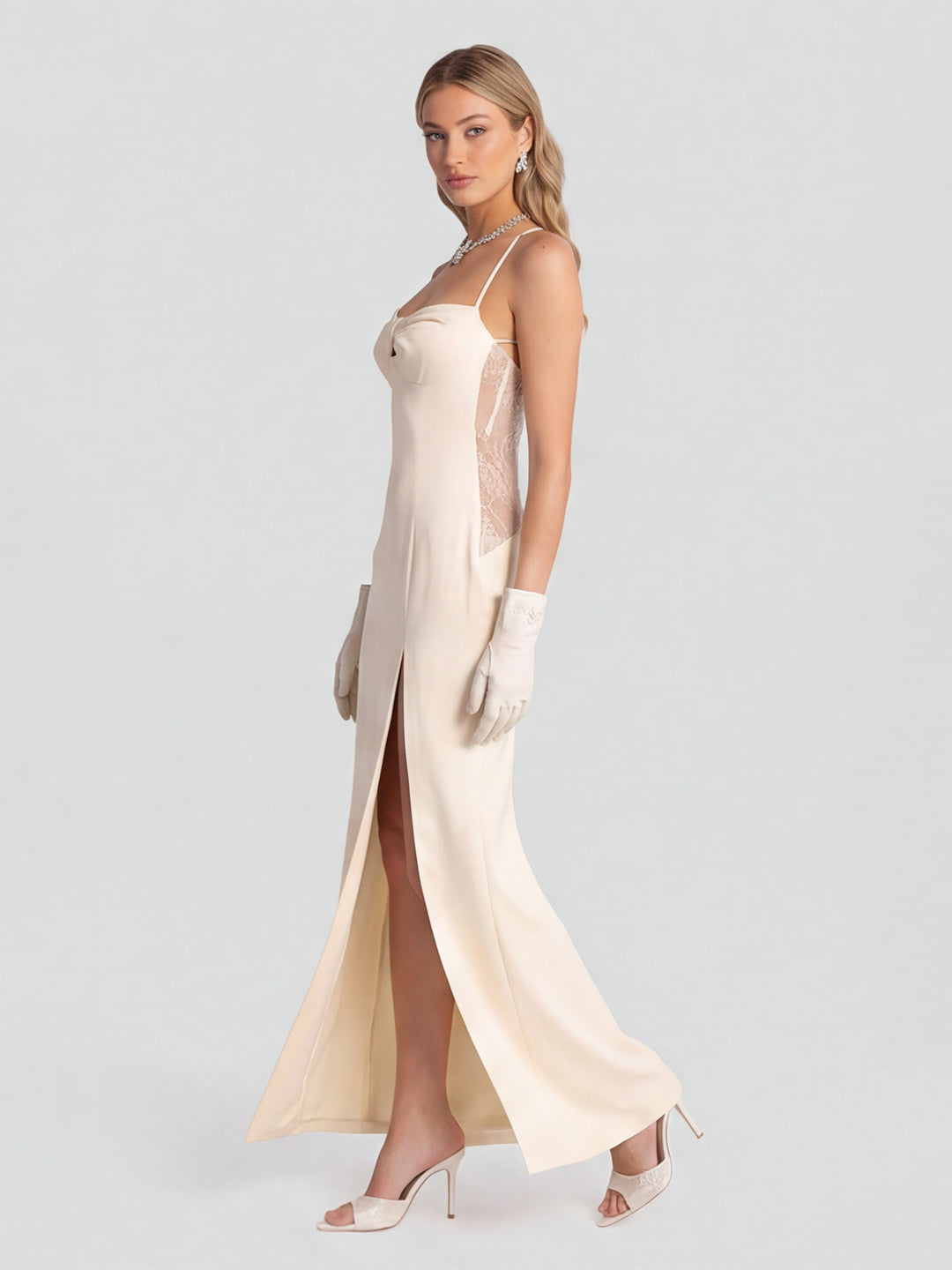 Elegant Ivory Satin column Halter Neck Ankle-Length Bridesmaid Dress