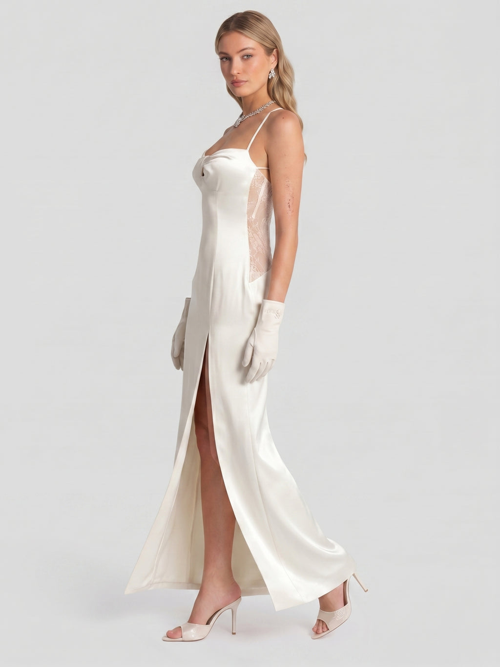 Elegant Ivory Satin column Halter Neck Ankle-Length Bridesmaid Dress