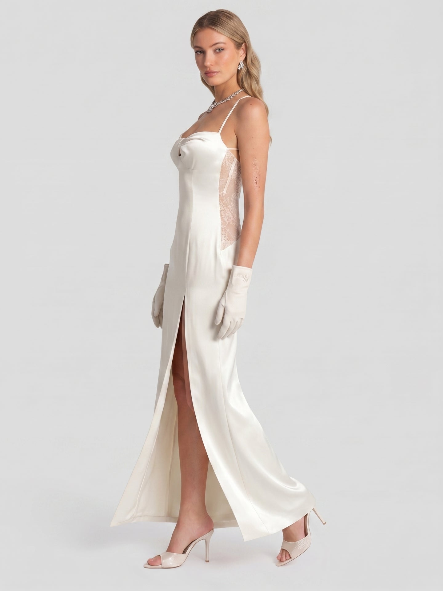 Elegant Ivory Satin column Halter Neck Ankle-Length Bridesmaid Dress