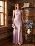 Elegant Lavender Matte Satin Sheath Halter neckline Back Zip Ankle-Length Bridesmaid Dress