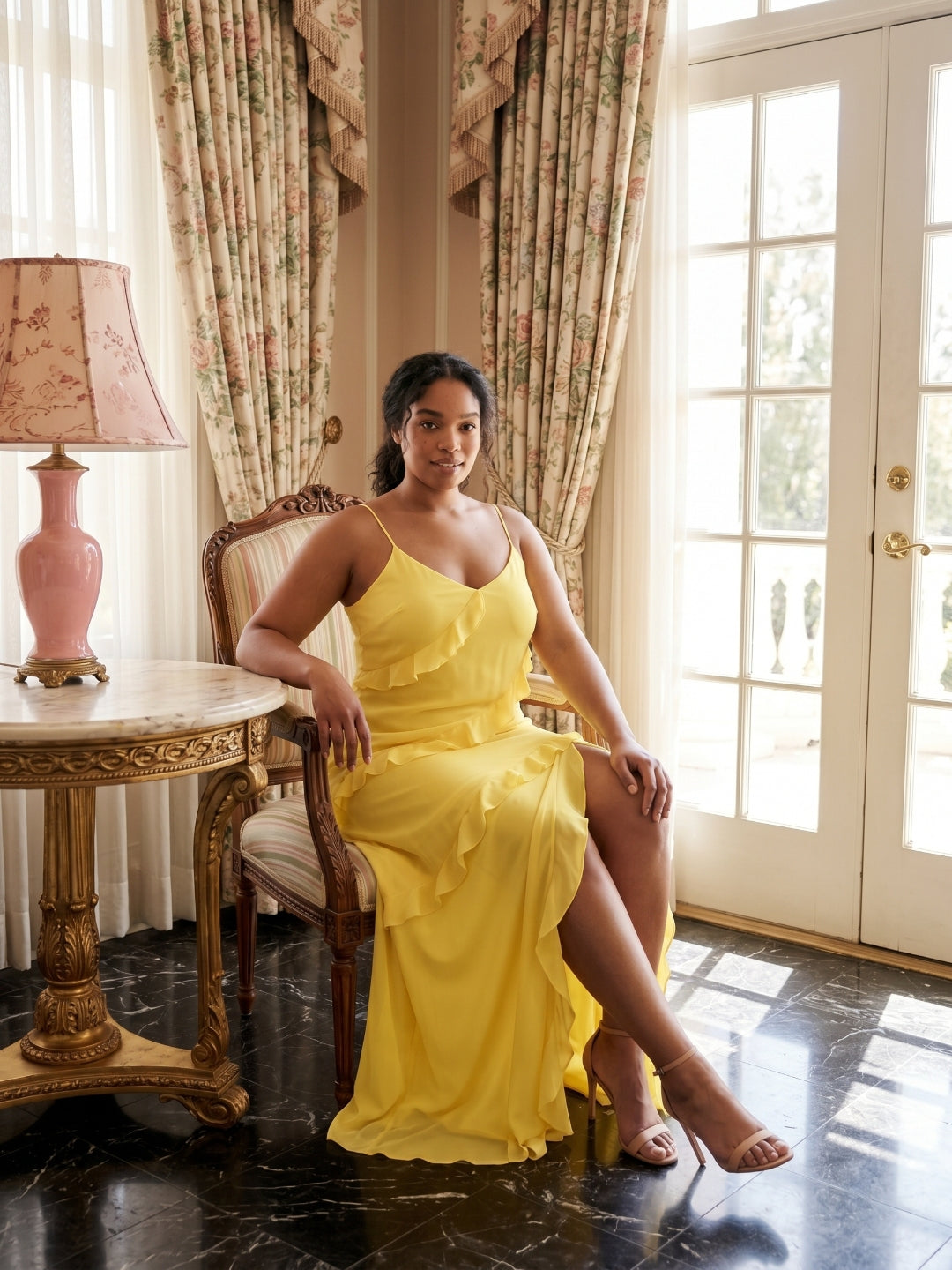 Elegant Lemon Chiffon Sheath V-Neck Backless Ankle-Length Plus Size Bridesmaid Dress