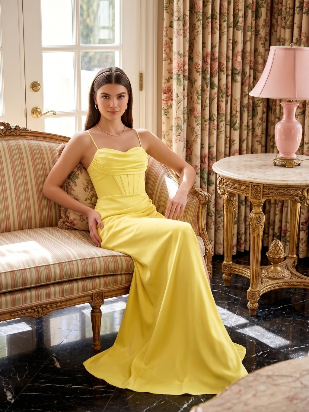 Elegant Lemon Satin Sheath Straight Neck Back Zip Ankle-Length Bridesmaid Dress