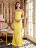 Elegant Lemon Satin Sheath Straight Neck Back Zip Ankle-Length Bridesmaid Dress