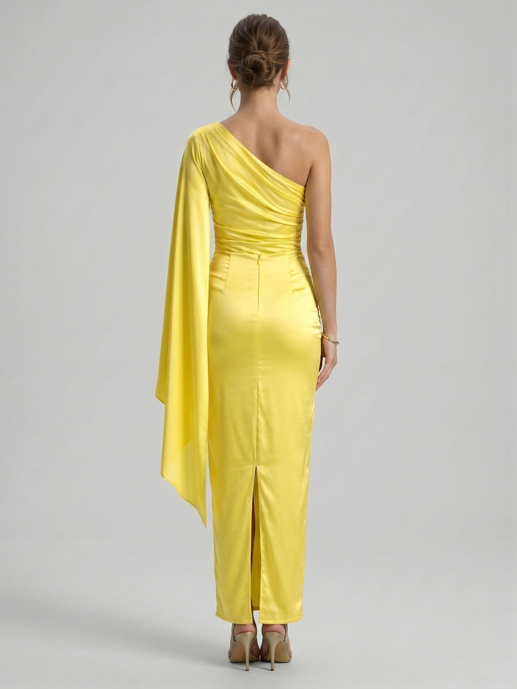 Elegant Lemon Stretch Knit column One Shoulder Side Zip Ankle-Length Bridesmaid Dress