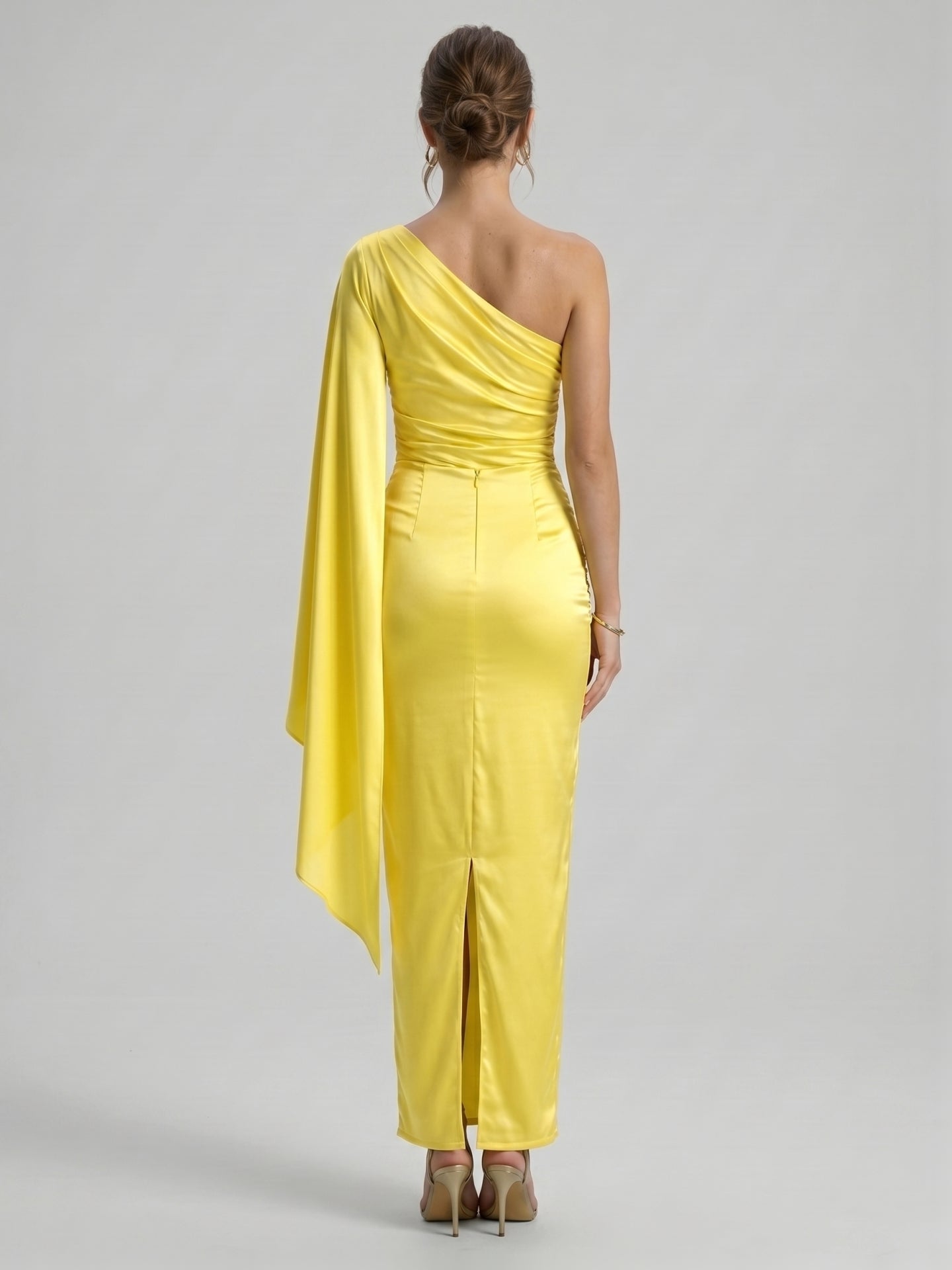 Elegant Lemon Stretch Knit column One Shoulder Side Zip Ankle-Length Bridesmaid Dress
