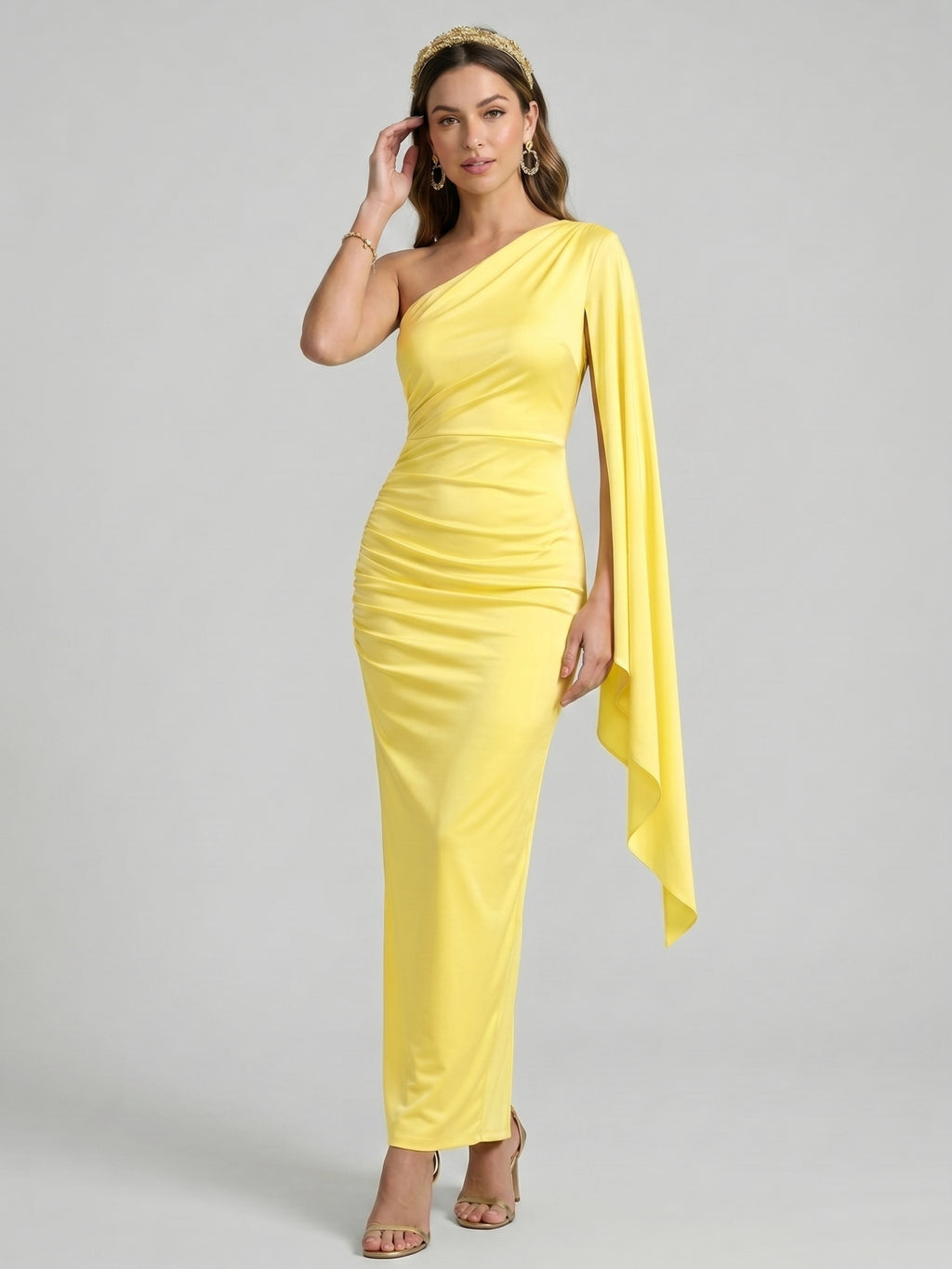 Elegant Lemon Stretch Knit column One Shoulder Side Zip Ankle-Length Bridesmaid Dress