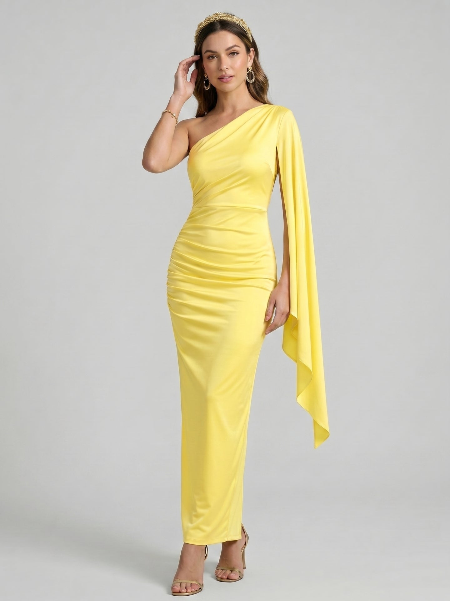 Elegant Lemon Stretch Knit column One Shoulder Side Zip Ankle-Length Bridesmaid Dress