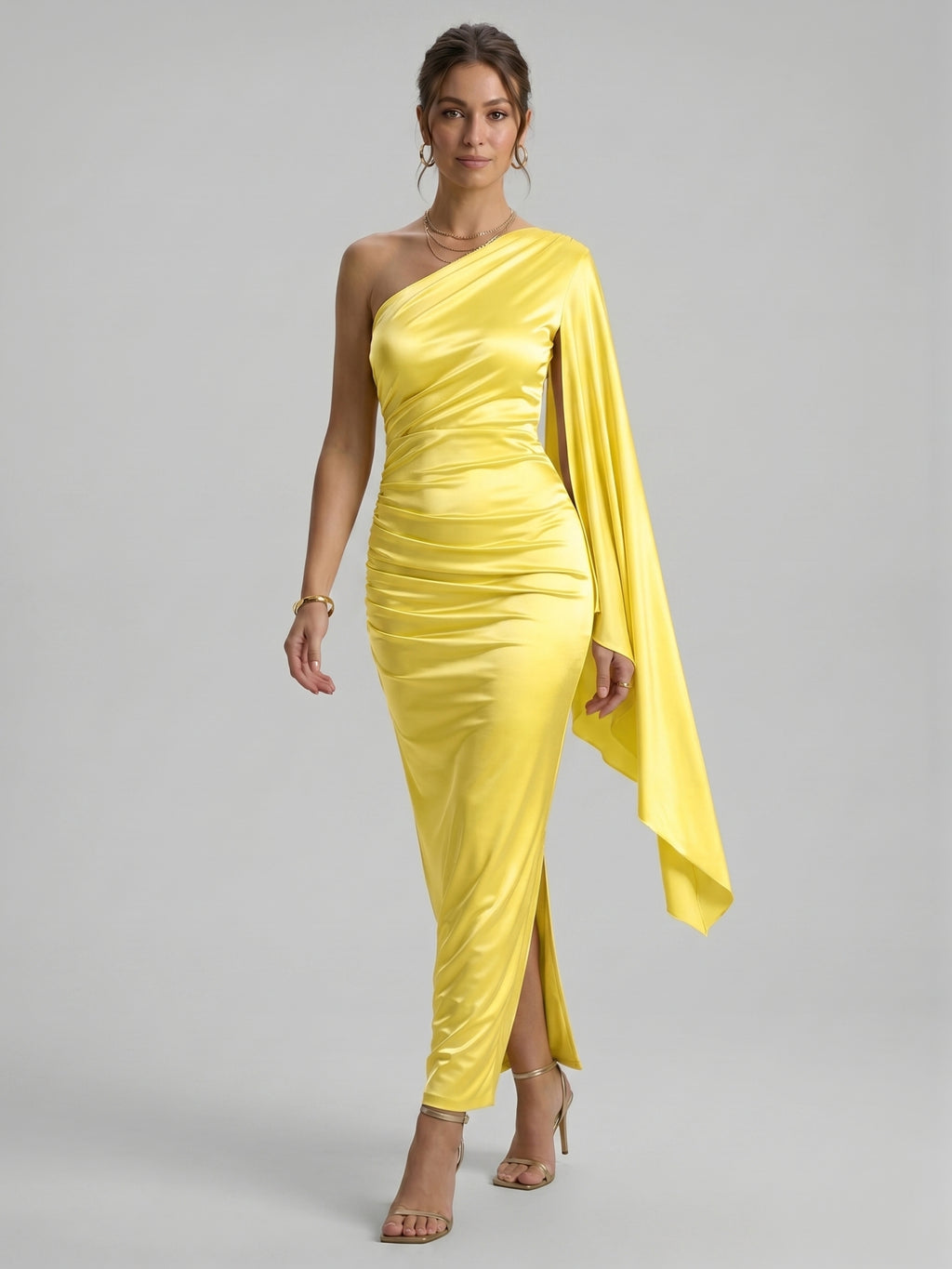Elegant Lemon Stretch Knit column One Shoulder Side Zip Ankle-Length Bridesmaid Dress