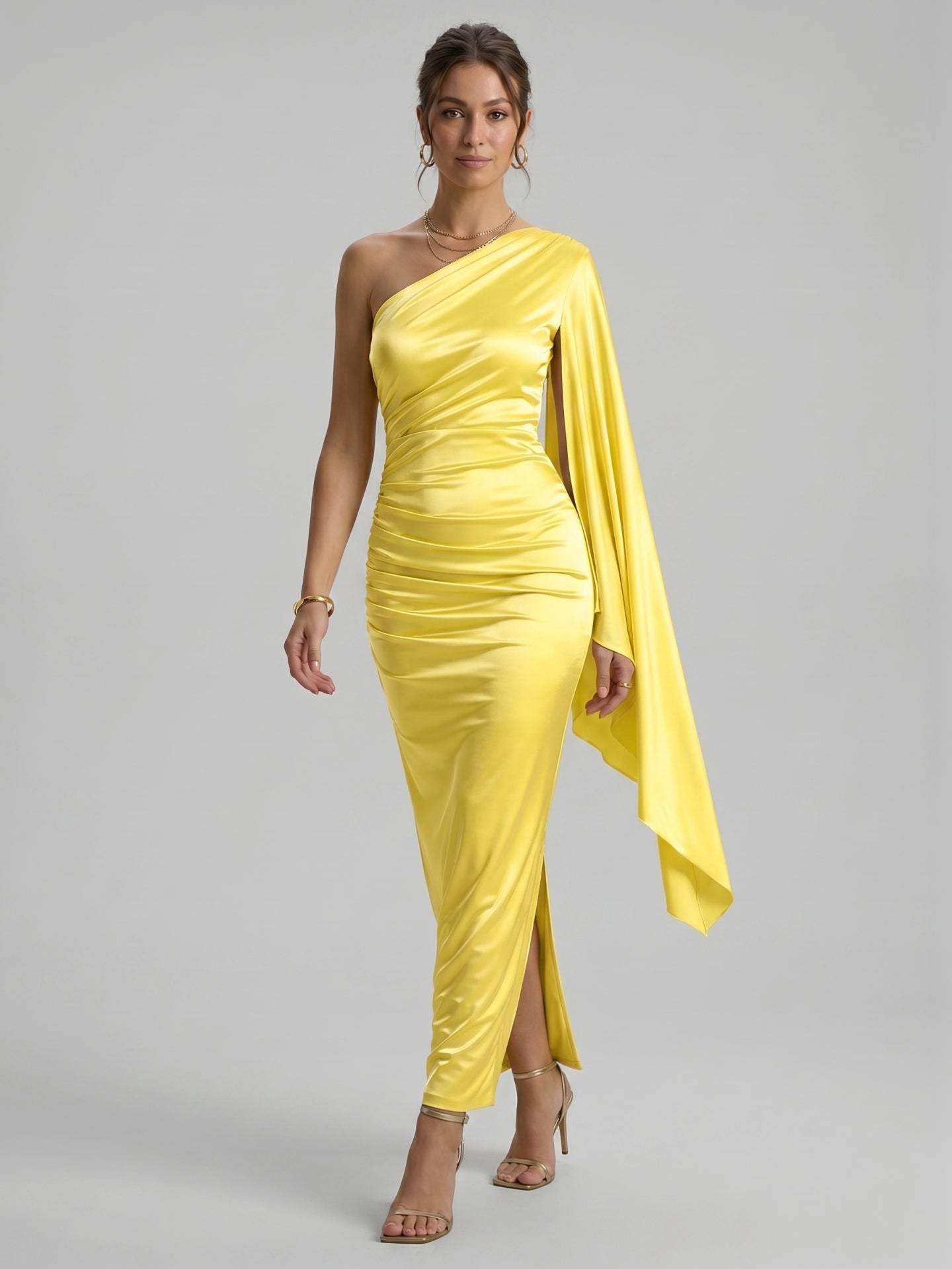 Elegant Lemon Stretch Knit column One Shoulder Side Zip Ankle-Length Bridesmaid Dress