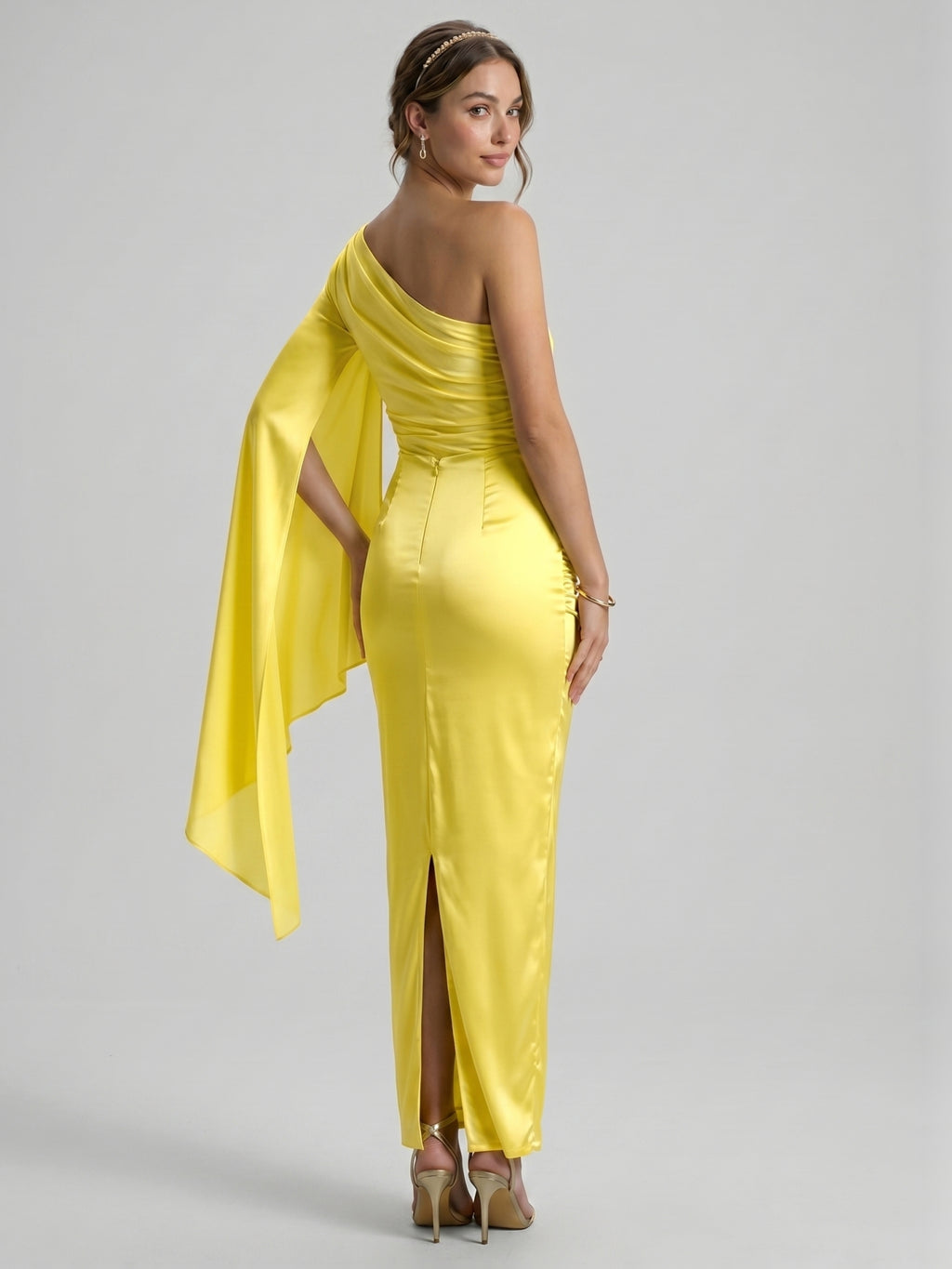 Elegant Lemon Stretch Knit column One Shoulder Side Zip Ankle-Length Bridesmaid Dress