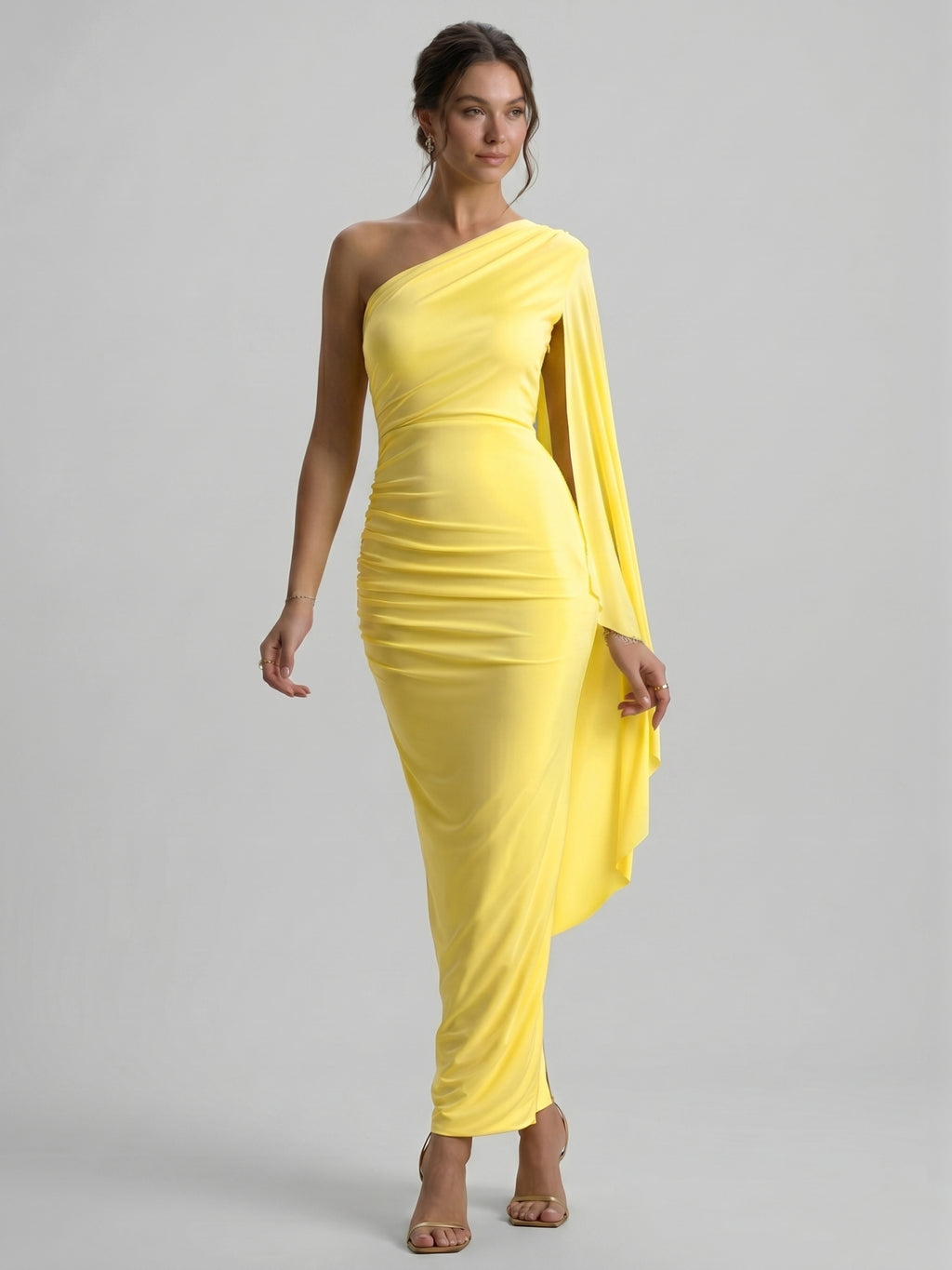 Elegant Lemon Stretch Knit column One Shoulder Side Zip Ankle-Length Bridesmaid Dress