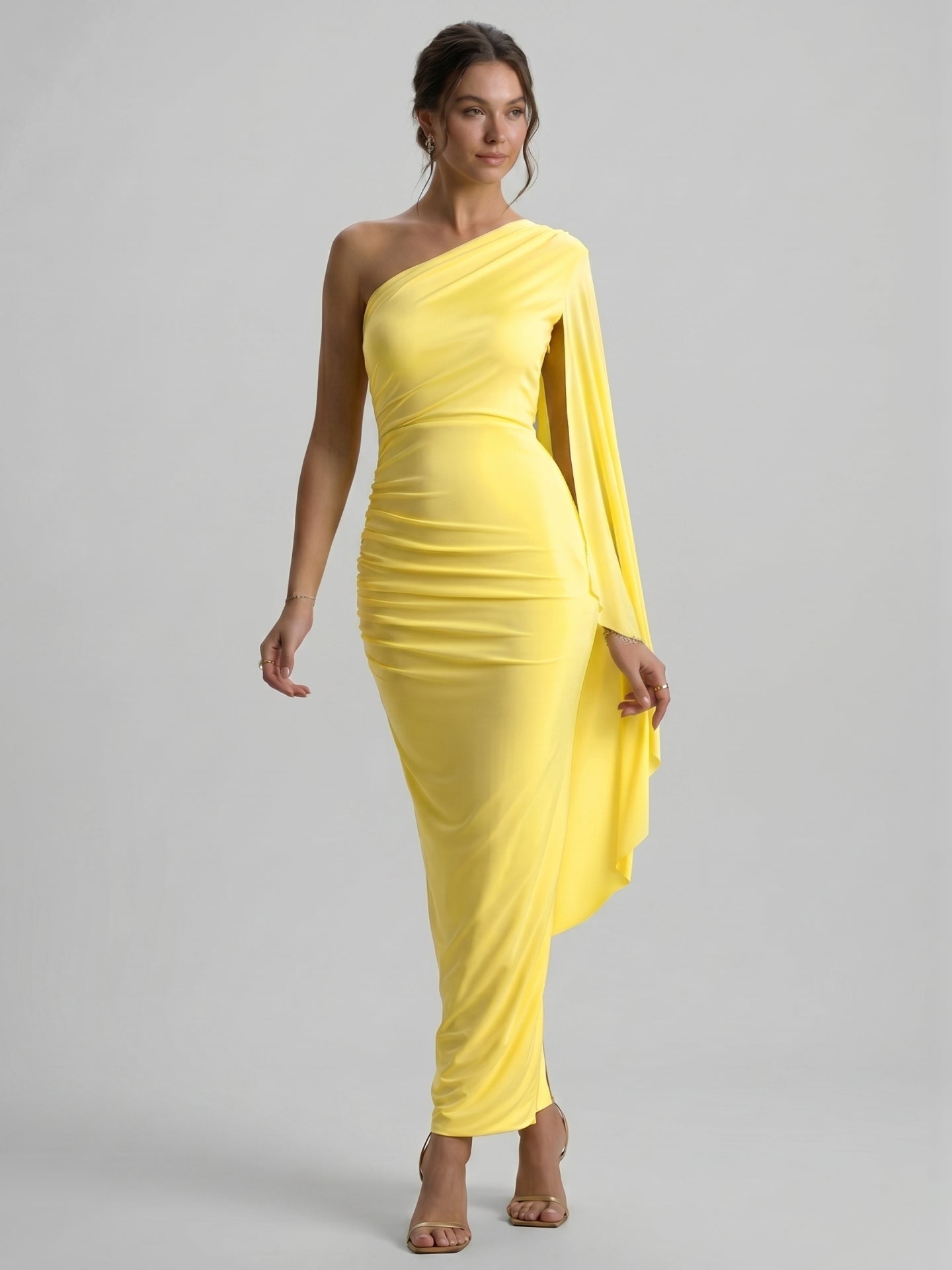 Elegant Lemon Stretch Knit column One Shoulder Side Zip Ankle-Length Bridesmaid Dress