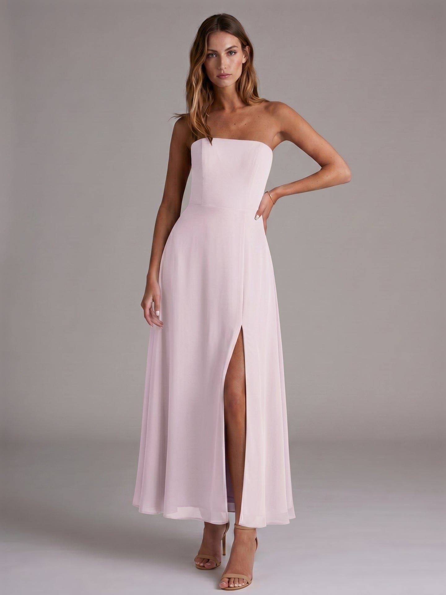 Elegant Lilac Chiffon A-Line Off-the-Shoulder Back Zip Ankle-Length Bridesmaid Dress