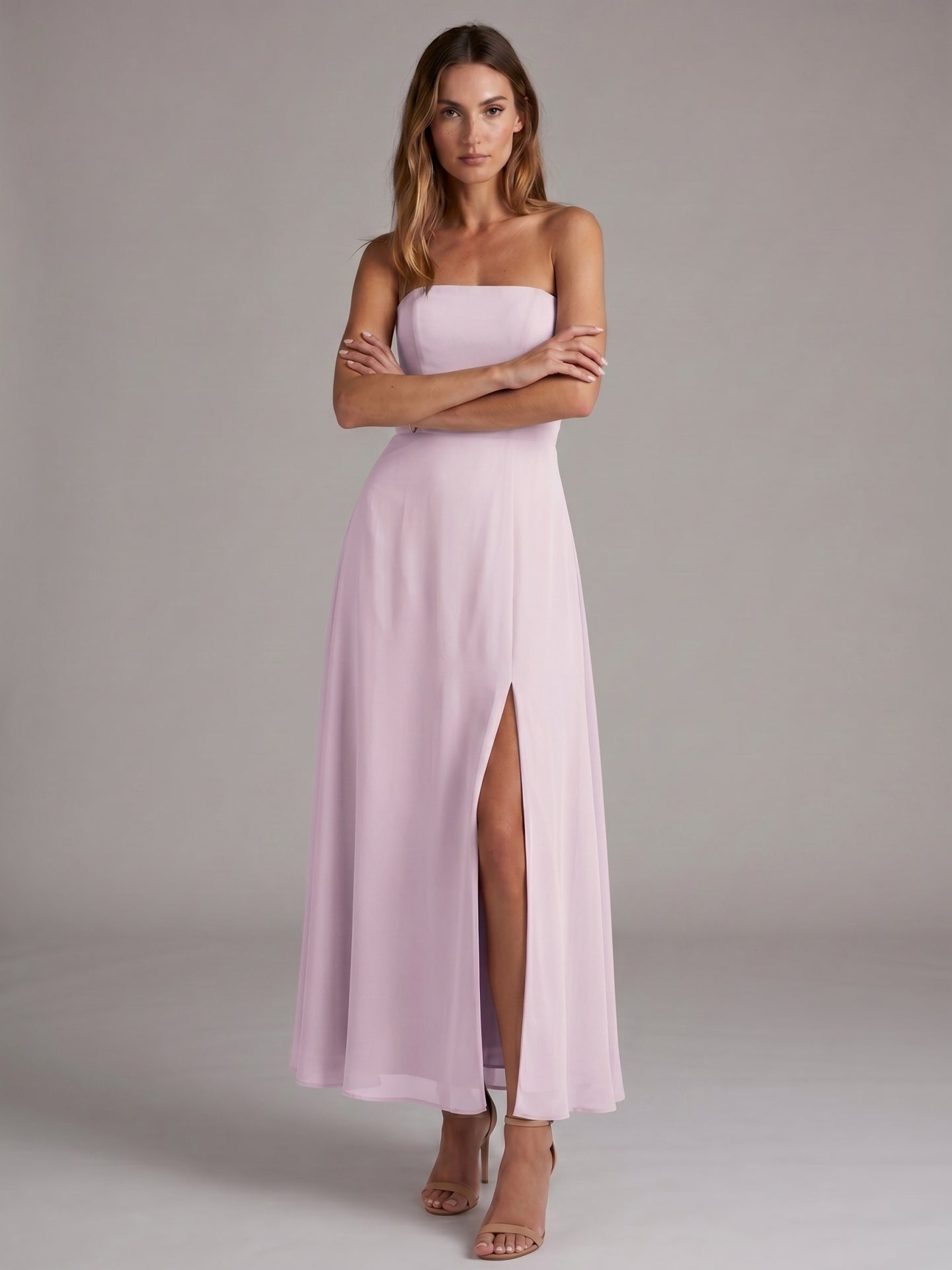 Elegant Lilac Chiffon A-Line Off-the-Shoulder Back Zip Ankle-Length Bridesmaid Dress