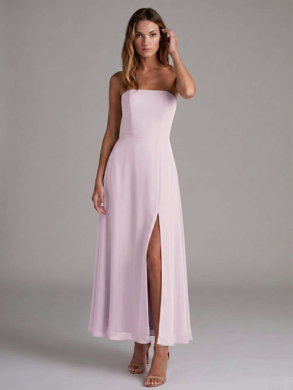 Elegant Lilac Chiffon A-Line Off-the-Shoulder Back Zip Ankle-Length Bridesmaid Dress