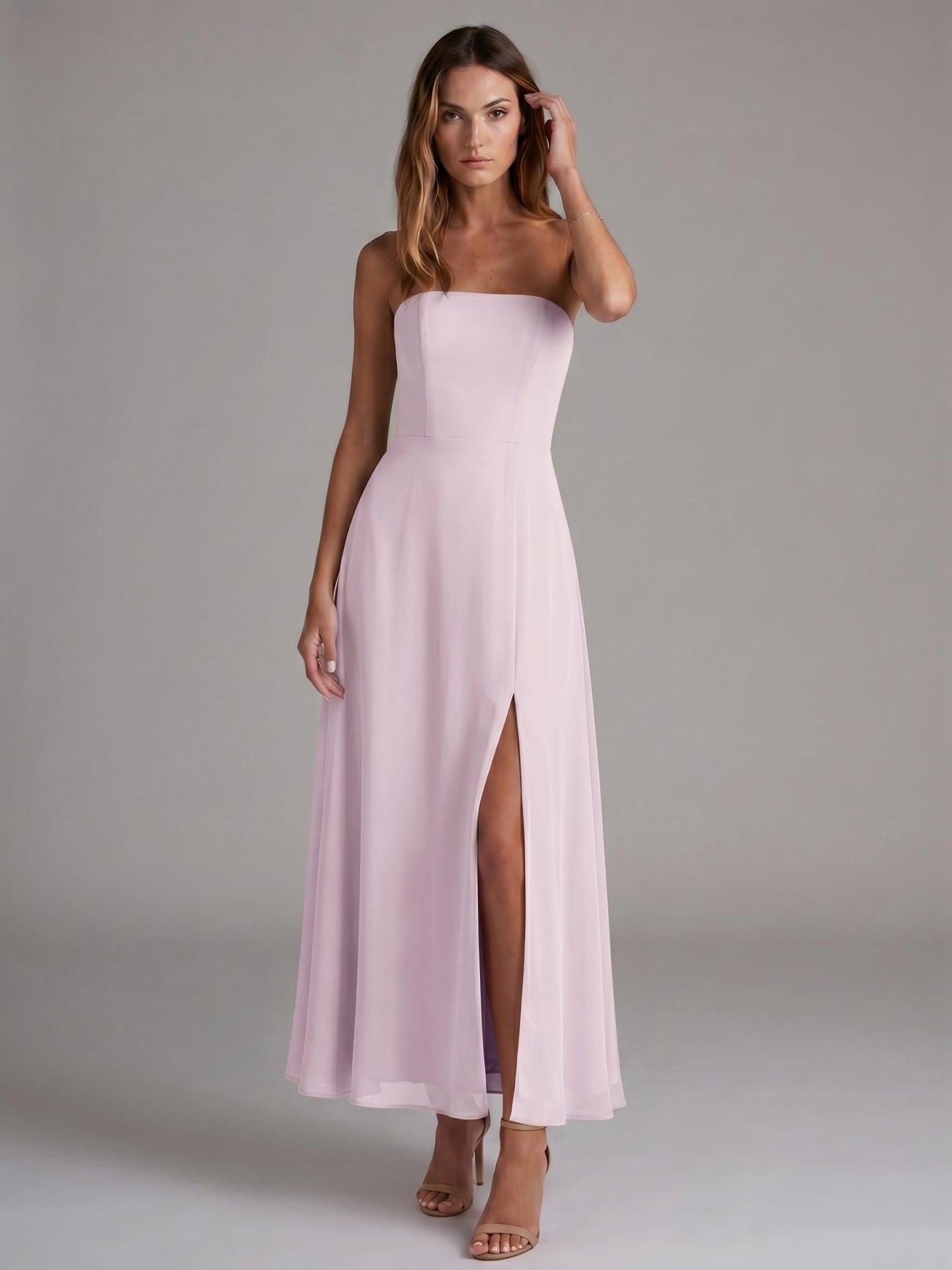 Elegant Lilac Chiffon A-Line Off-the-Shoulder Back Zip Ankle-Length Bridesmaid Dress