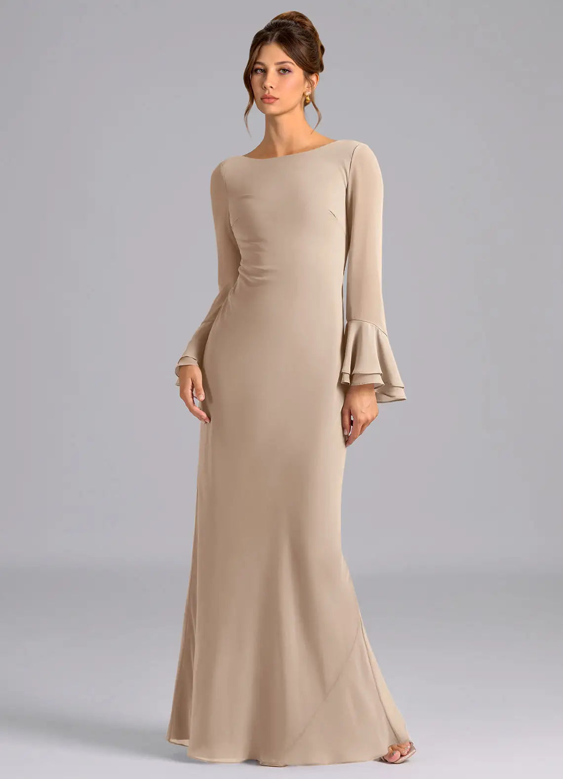 Elegant Long Bell Sleeve Bridesmaid Dresses with Lace-Up Back Detail, Boat Neckline and Flowing Chiffon Maxi Silhouette Formal Gown