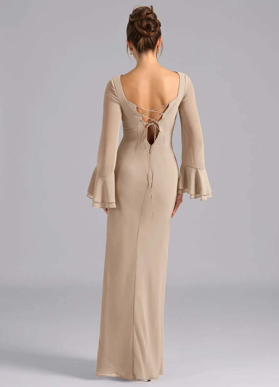 Elegant Long Bell Sleeve Bridesmaid Dresses with Lace-Up Back Detail, Boat Neckline and Flowing Chiffon Maxi Silhouette Formal Gown