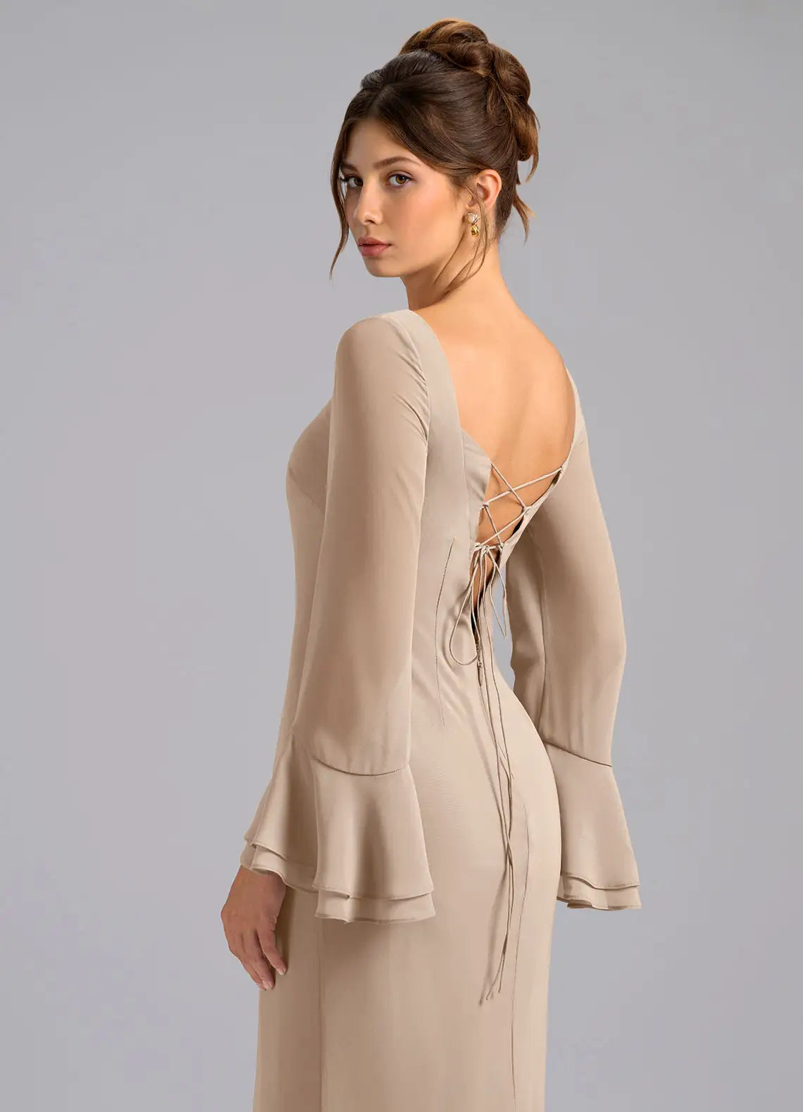 Elegant Long Bell Sleeve Bridesmaid Dresses with Lace-Up Back Detail, Boat Neckline and Flowing Chiffon Maxi Silhouette Formal Gown