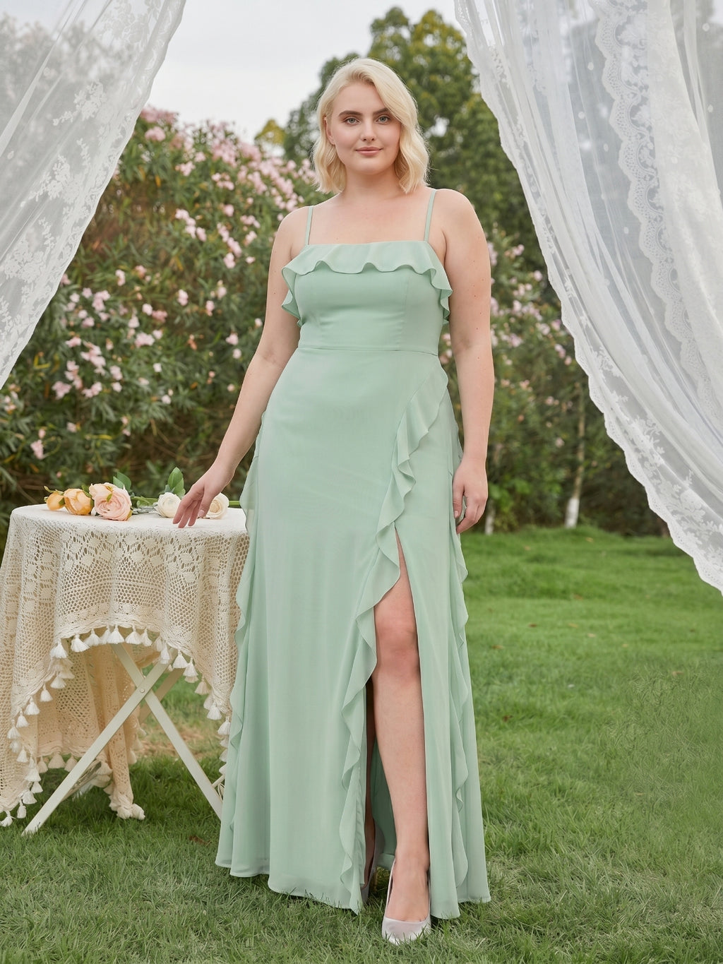 Elegant Mint Green Chiffon A-Line Straight Neck Backless with Ruffle Ankle-Length Plus Size Bridesmaid Dress