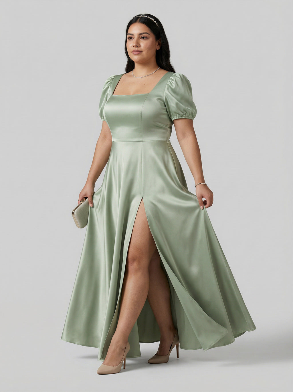 Elegant Dusty Sage Satin A-Line Square Neck Backless Ankle-Length Plus Size Bridesmaid Dress
