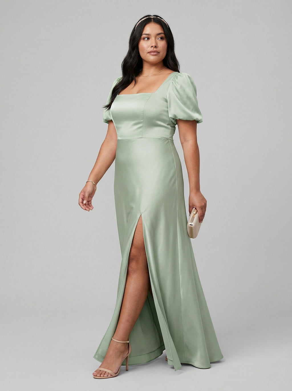 Elegant Dusty Sage Satin A-Line Square Neck Backless Ankle-Length Plus Size Bridesmaid Dress