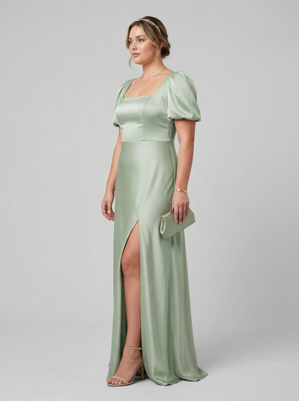 Elegant Dusty Sage Satin A-Line Square Neck Backless Ankle-Length Plus Size Bridesmaid Dress