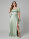 Elegant Dusty Sage Satin A-Line Square Neck Backless Ankle-Length Plus Size Bridesmaid Dress