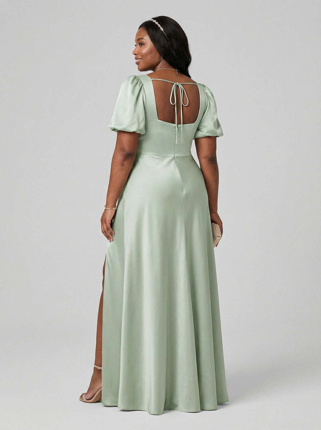Elegant Dusty Sage Satin A-Line Square Neck Backless Ankle-Length Plus Size Bridesmaid Dress