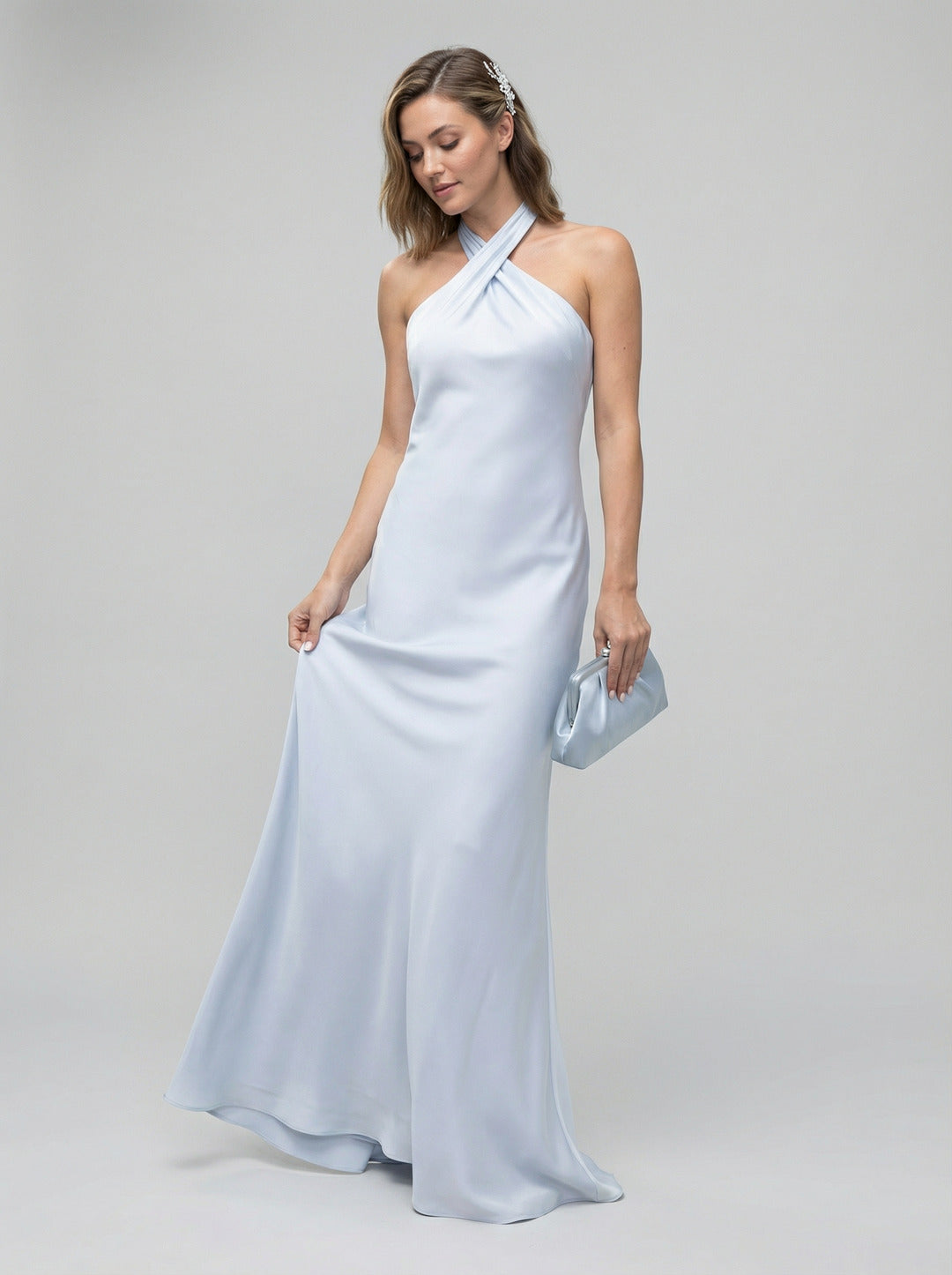 Elegant Mist Satin column Halter neckline Ankle-Length Bridesmaid Dress with Minimalist Design