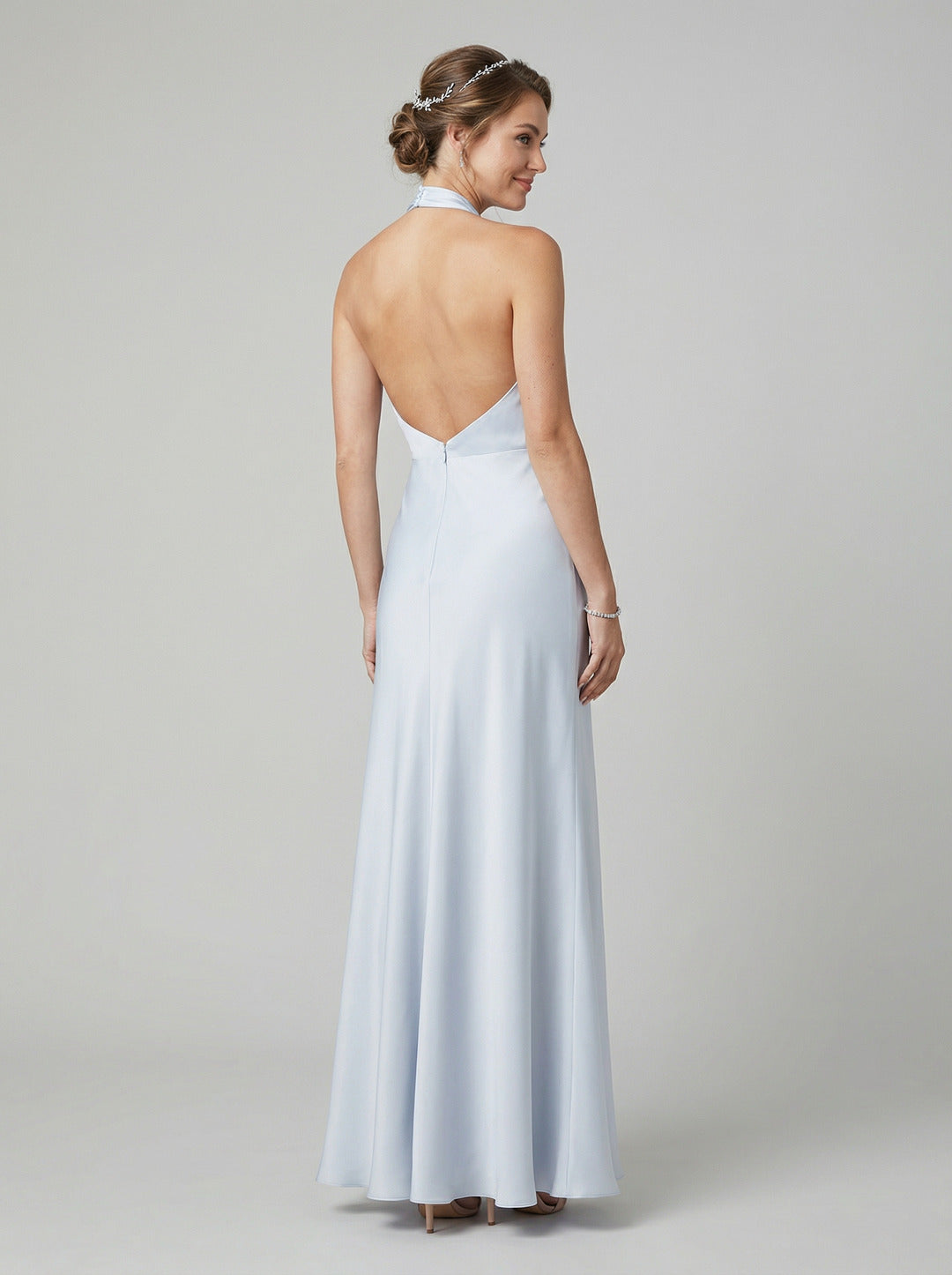Elegant Mist Satin column Halter neckline Ankle-Length Bridesmaid Dress with Minimalist Design
