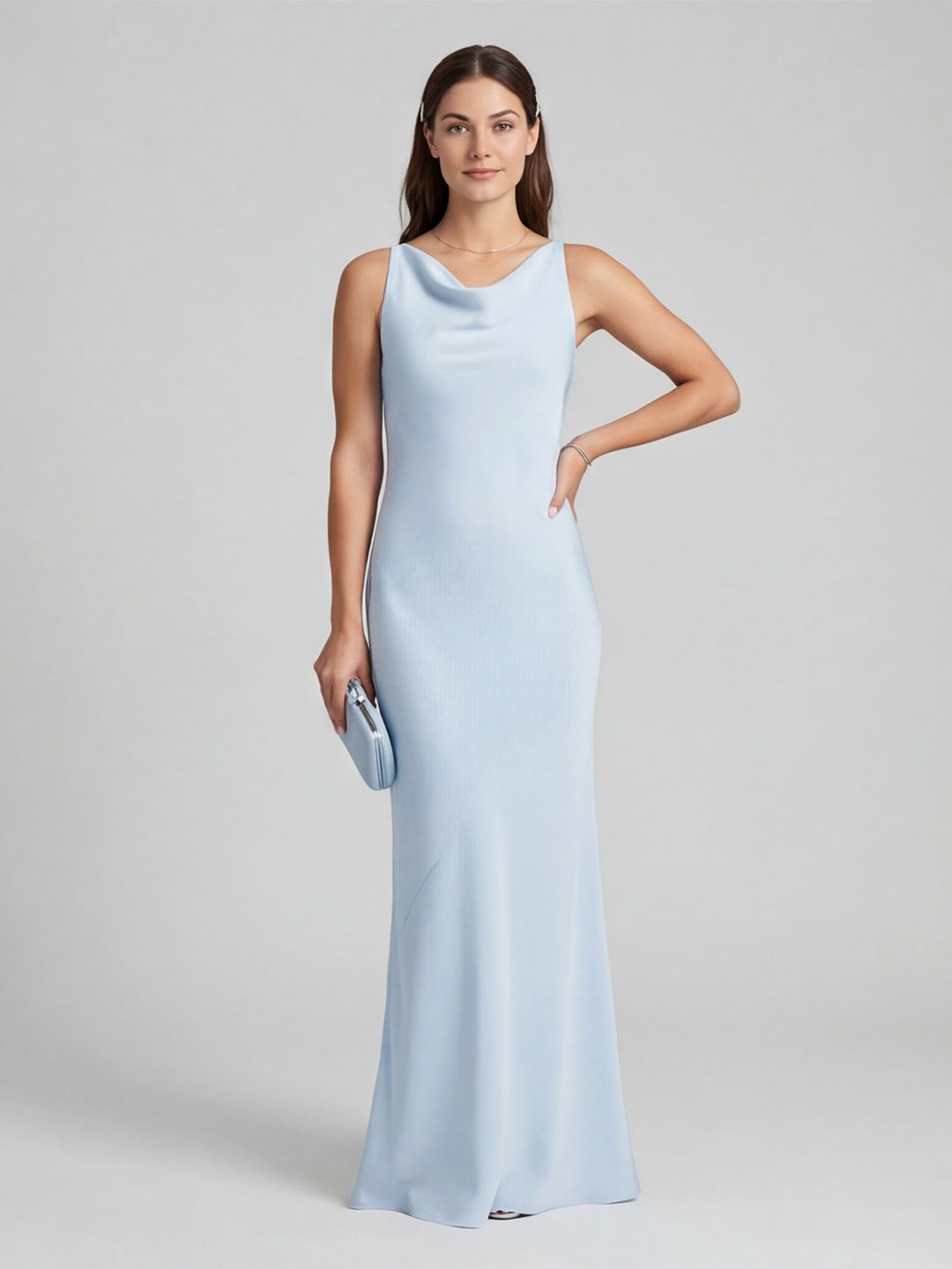Elegant Mist Satin mermaid Cowl Neck Back Zip Ankle-Length Bridesmaid Dress