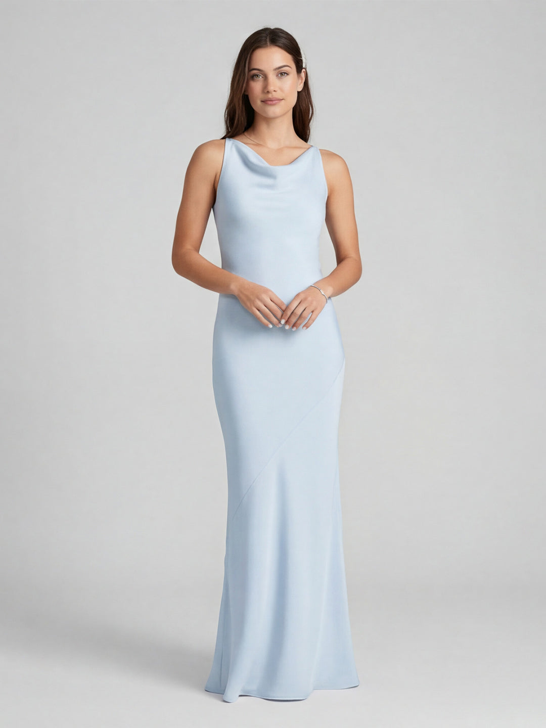 Elegant Mist Satin mermaid Cowl Neck Back Zip Ankle-Length Bridesmaid Dress