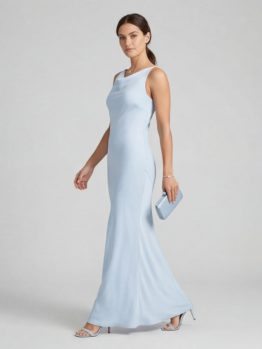 Elegant Mist Satin mermaid Cowl Neck Back Zip Ankle-Length Bridesmaid Dress