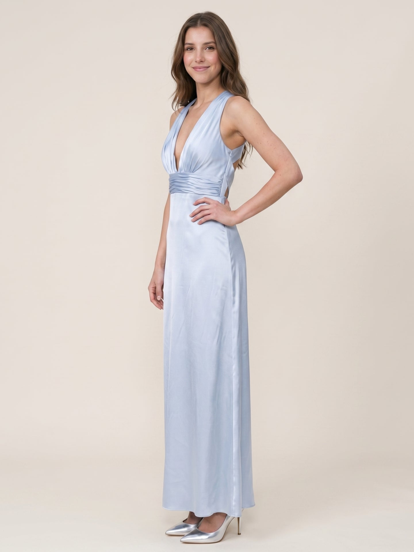 Elegant Mist Satin A-Line Halter Neckline Backless Ankle-Length Bridesmaid Dress