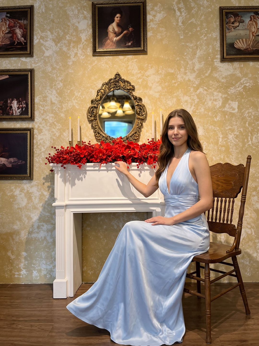 Elegant Mist Satin A-Line Halter Neckline Backless Ankle-Length Bridesmaid Dress