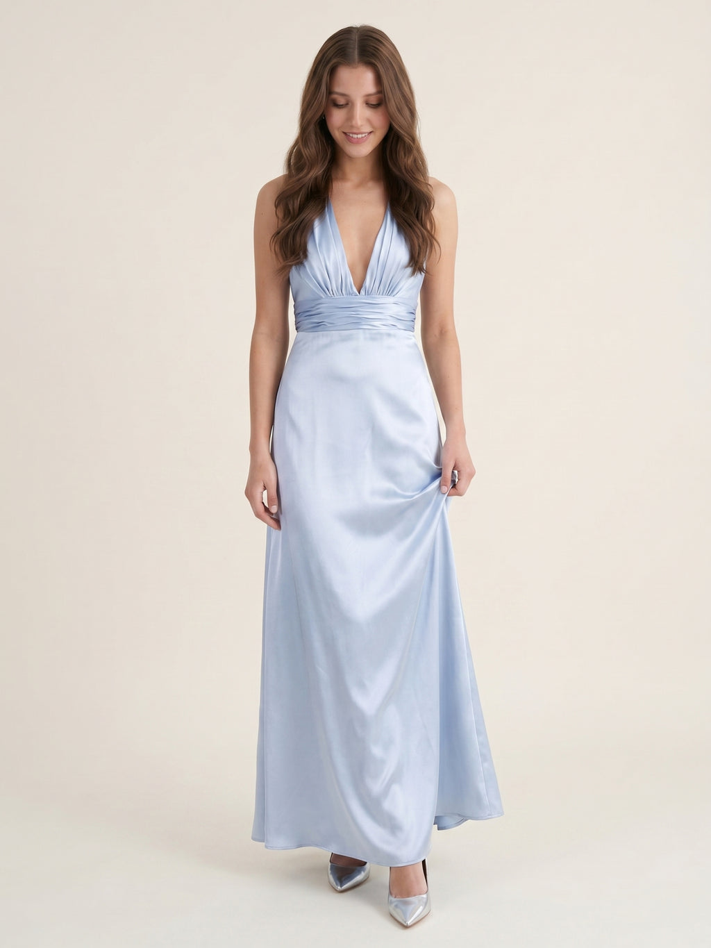 Elegant Mist Satin A-Line Halter Neckline Backless Ankle-Length Bridesmaid Dress