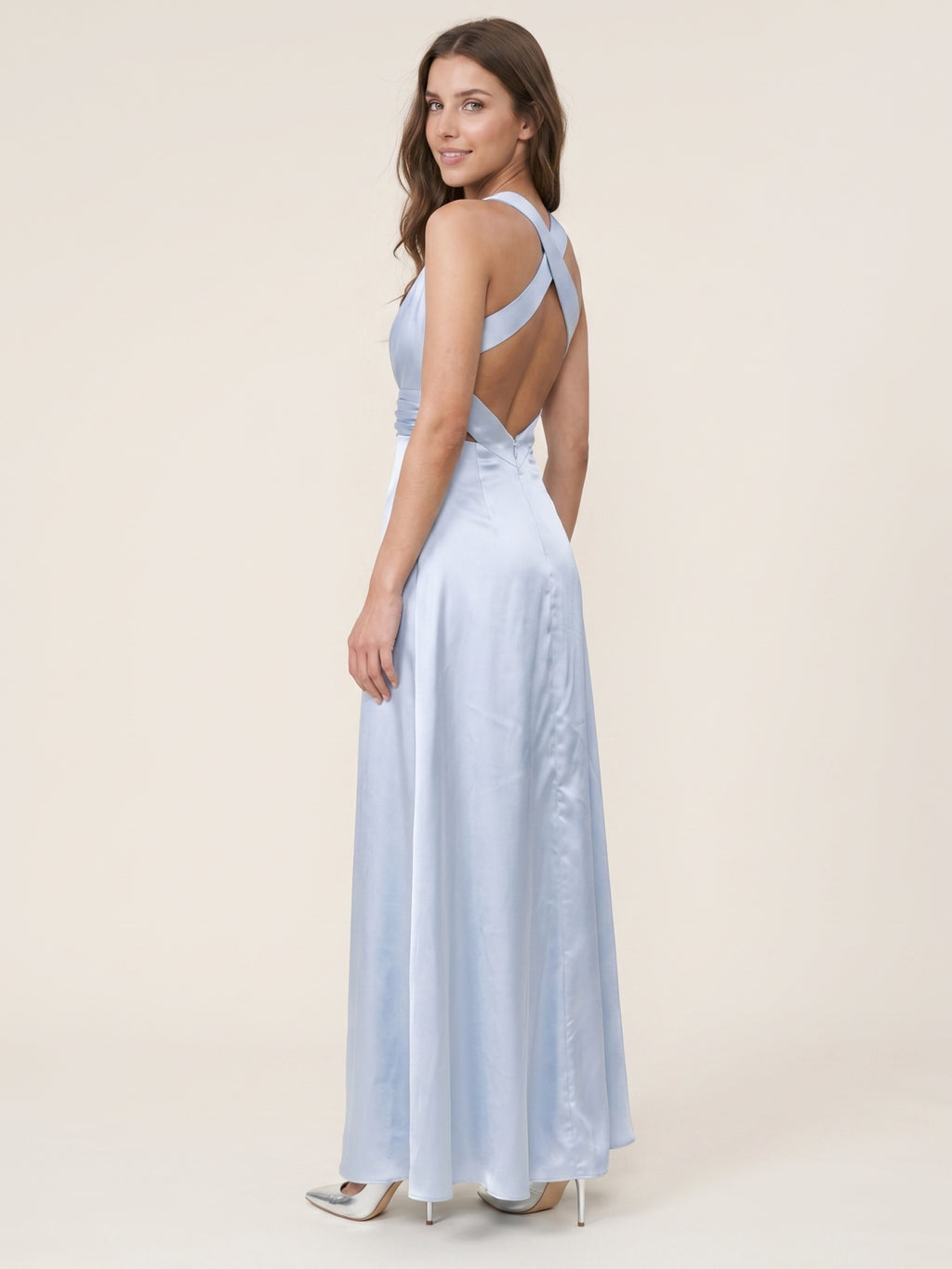 Elegant Mist Satin A-Line Halter Neckline Backless Ankle-Length Bridesmaid Dress