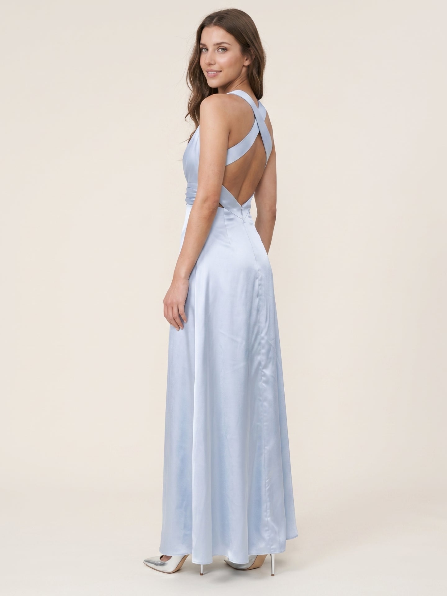 Elegant Mist Satin A-Line Halter Neckline Backless Ankle-Length Bridesmaid Dress