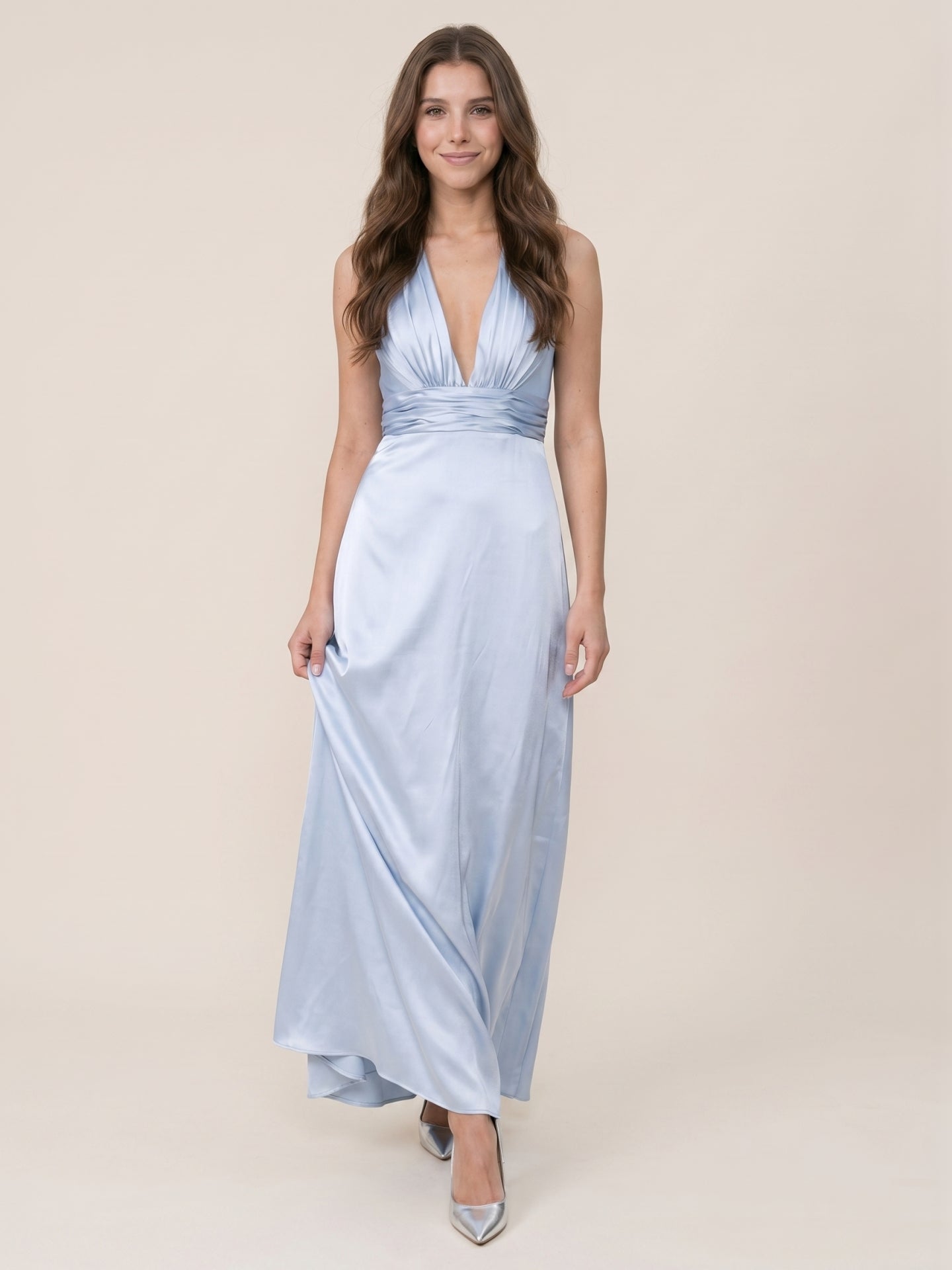 Elegant Mist Satin A-Line Halter Neckline Backless Ankle-Length Bridesmaid Dress