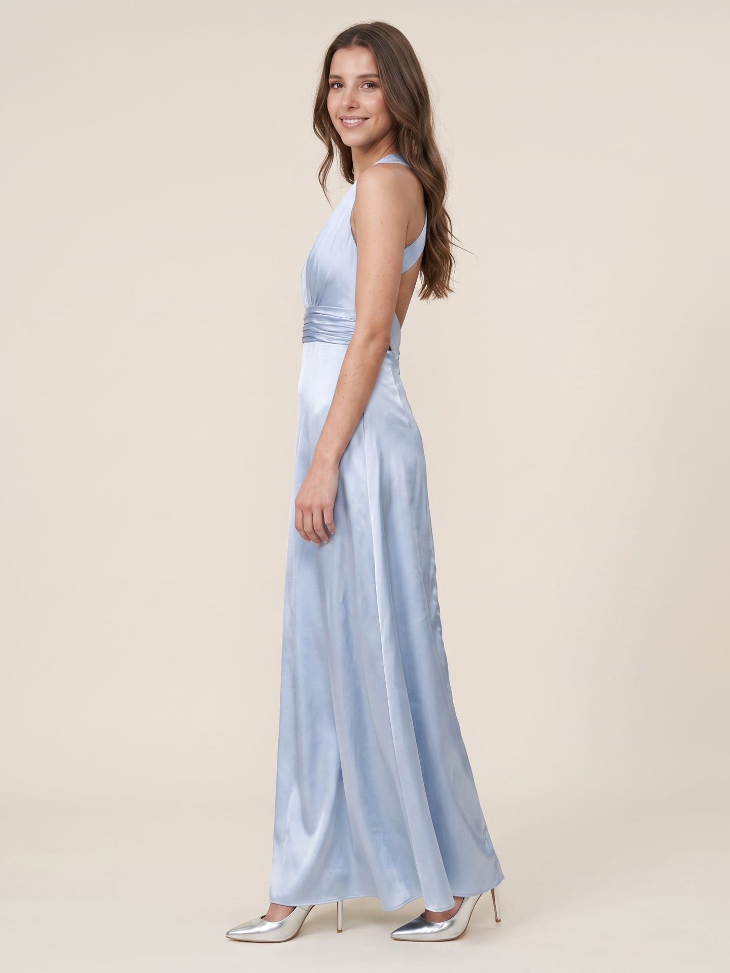 Elegant Mist Satin A-Line Halter Neckline Backless Ankle-Length Bridesmaid Dress