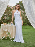 Elegant Mist Satin column Halter neckline Ankle-Length Bridesmaid Dress with Minimalist Design