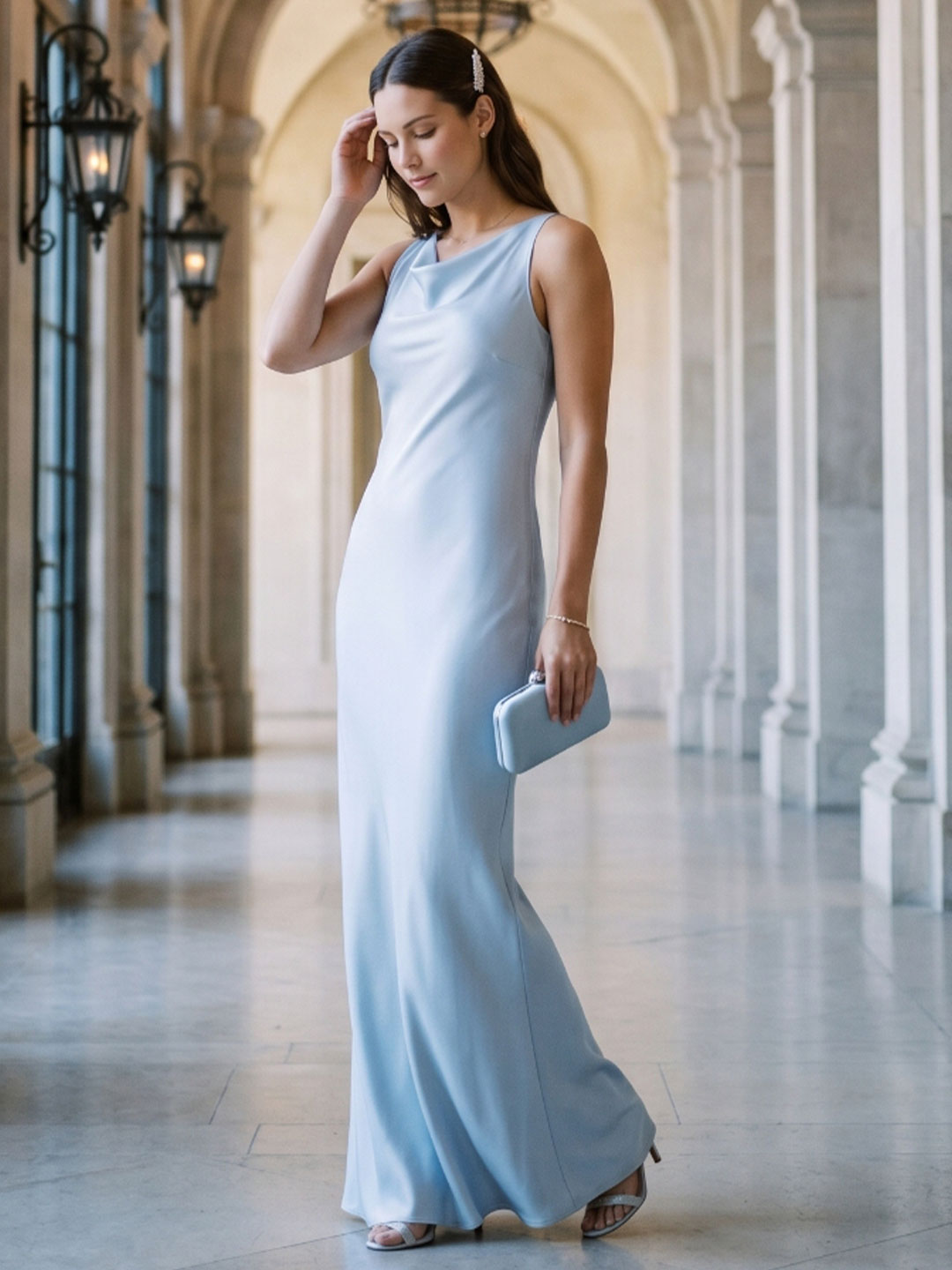 Elegant Mist Satin mermaid Cowl Neck Back Zip Ankle-Length Bridesmaid Dress