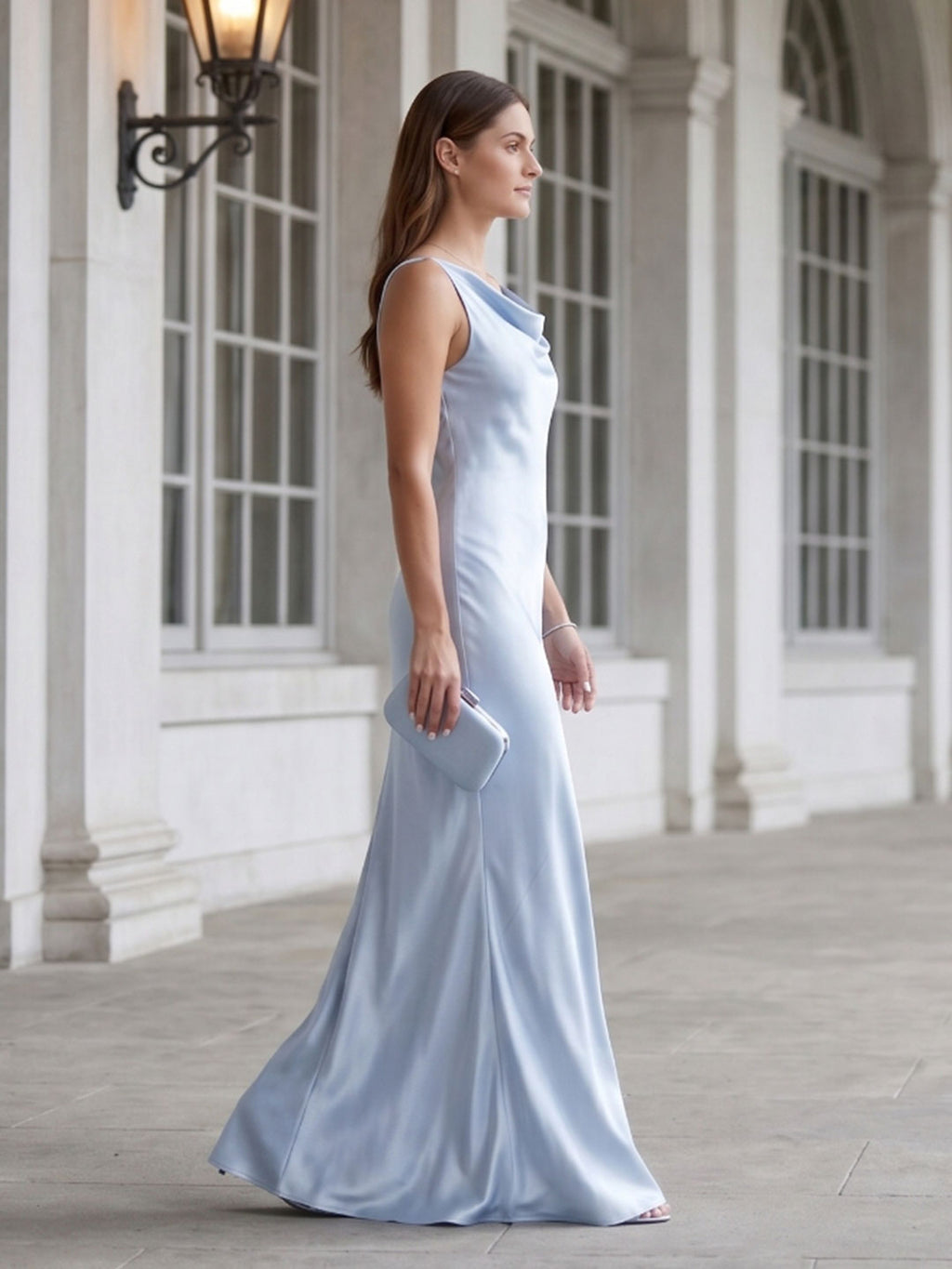 Elegant Mist Satin mermaid Cowl Neck Back Zip Ankle-Length Bridesmaid Dress