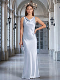 Elegant Mist Satin mermaid Cowl Neck Back Zip Ankle-Length Bridesmaid Dress