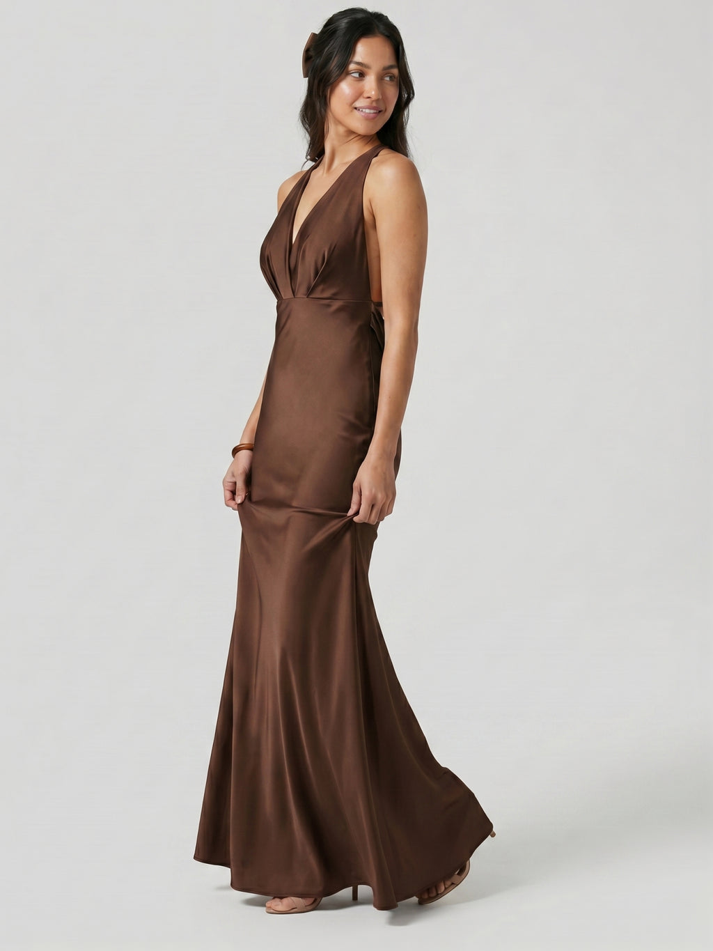 Elegant Mocha Satin mermaid V-Neck Ankle-Length Bridesmaid Dress with Minimalist Design