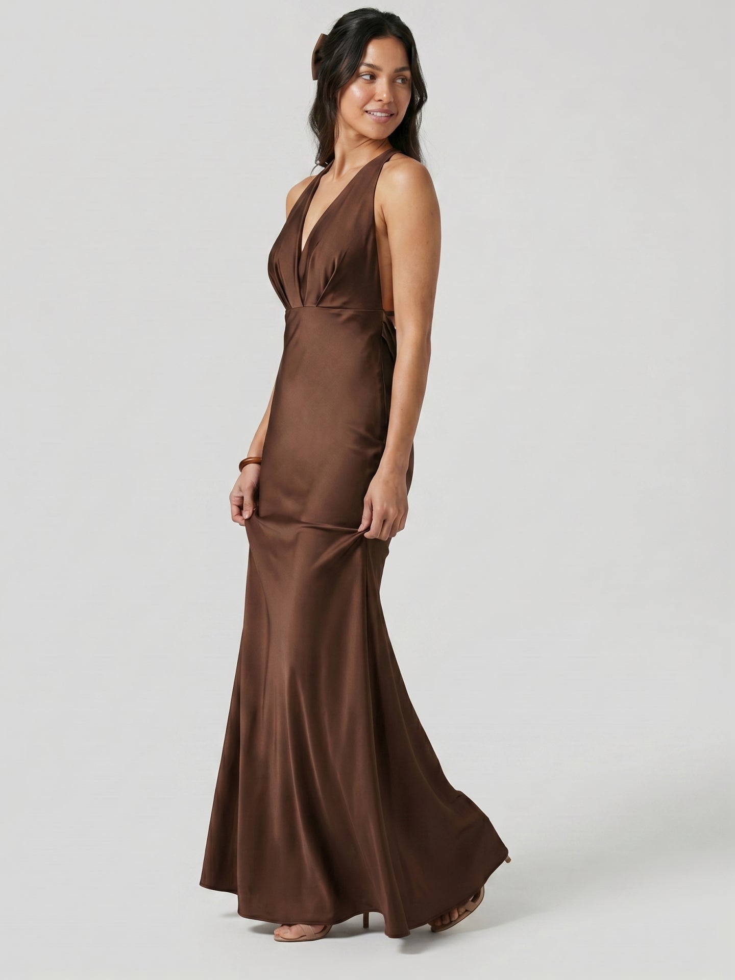 Elegant Mocha Satin mermaid V-Neck Ankle-Length Bridesmaid Dress with Minimalist Design