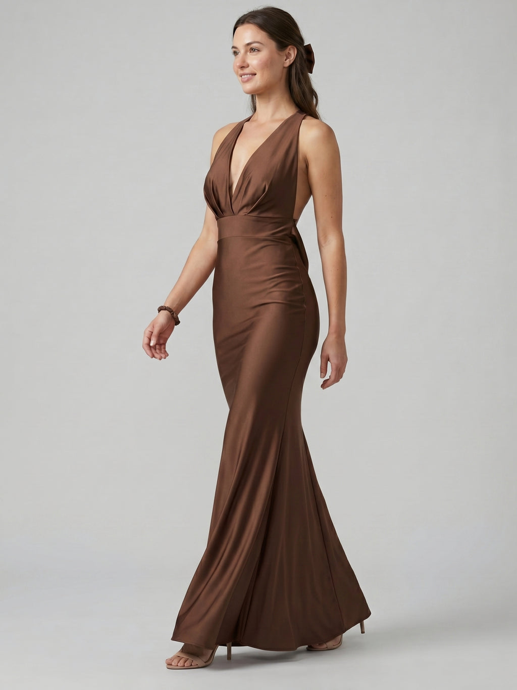 Elegant Mocha Satin mermaid V-Neck Ankle-Length Bridesmaid Dress with Minimalist Design