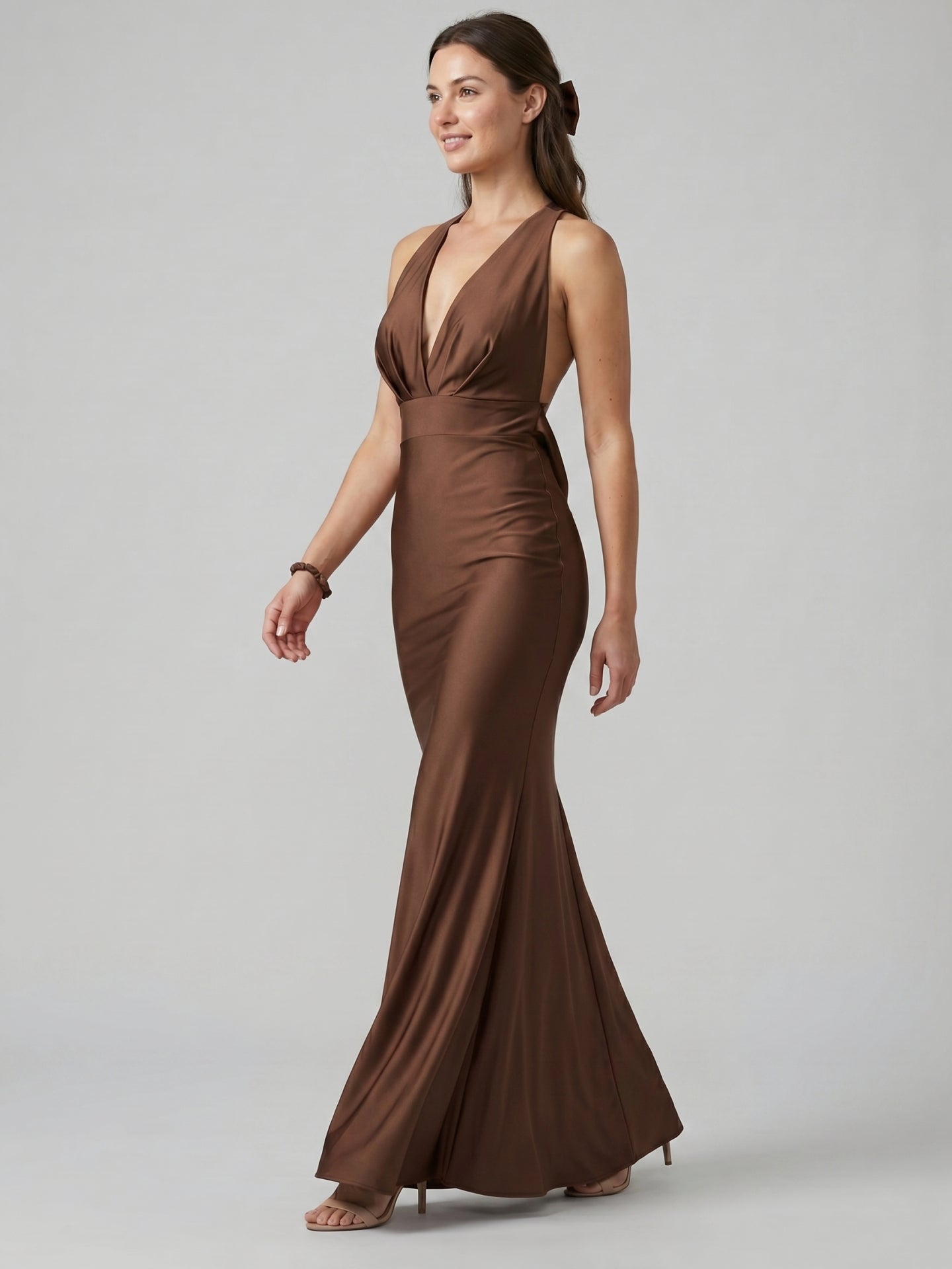 Elegant Mocha Satin mermaid V-Neck Ankle-Length Bridesmaid Dress with Minimalist Design